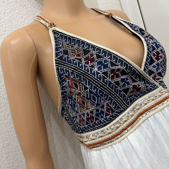 L'ATISTE White Tiered Sundress Maxi Halter Embroidered Sequins Bohemian Pearls - Picture 3 of 17